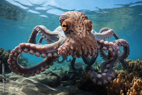 Camouflaged octopus avoids cavity sharks., generative IA photo