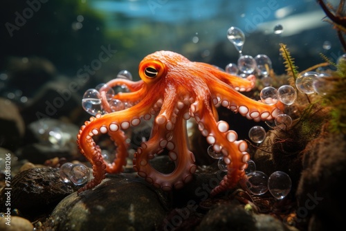 Marine octopus playing with floating objects., generative IA