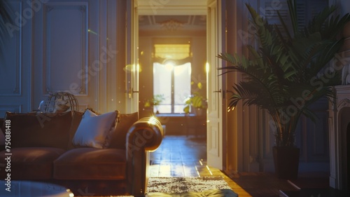 Warm sunlight filters through an elegant living room, inviting and serene