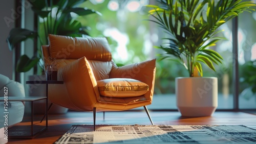 Elegant leather armchair in a contemporary living room bathed in natural light