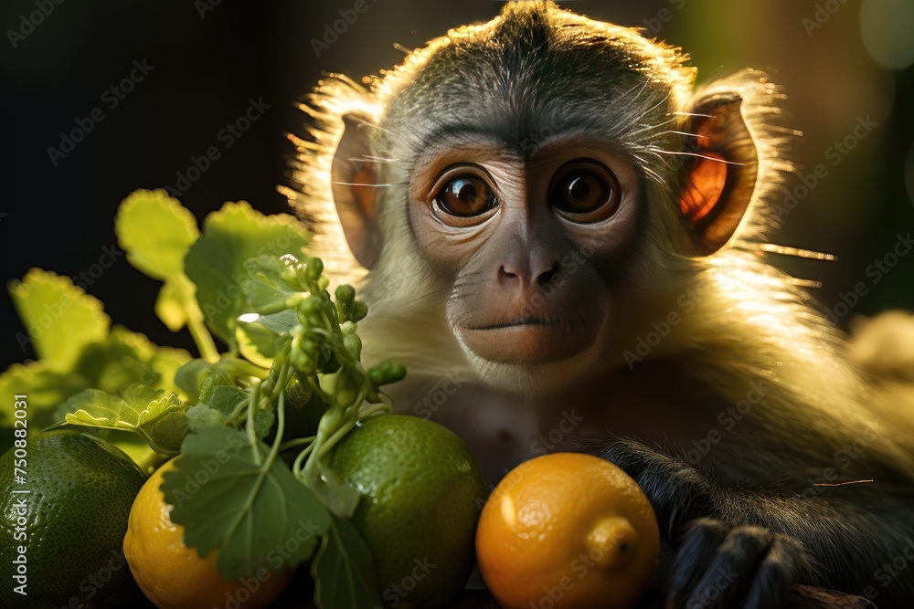 Fototapeta premium Monkey delights with fruits in the tropical rainforest., generative IA