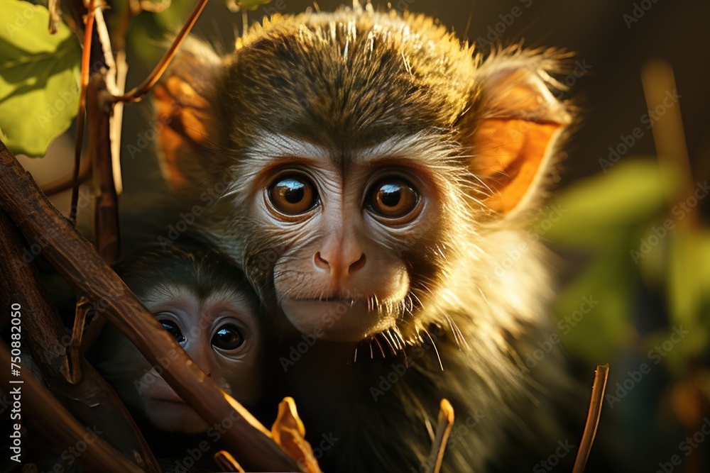 Fototapeta premium Baby monkey hugs the mother in the exuberant forest., generative IA