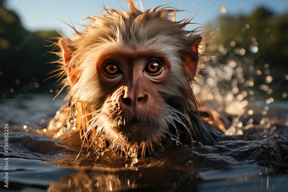 Golden monkey dives into the river in search of food., generative IA
