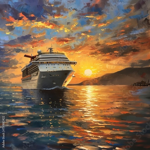 Luxury cruise ship sailing to sea on sunrise 