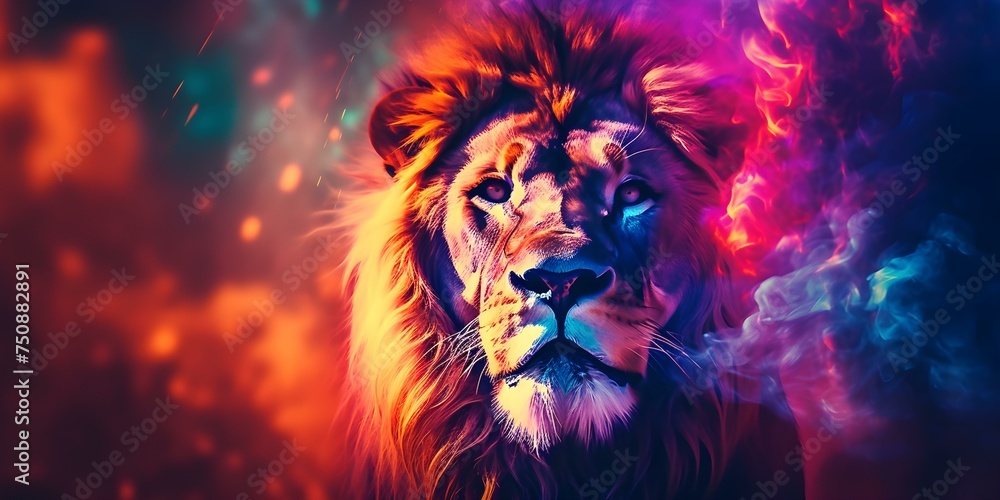 Majestic Lion Captured in Fiery Colors: A Stunning Close-Up Shot. Concept Wildlife Photography, Animal Portraits, Vibrant Colors, Close-Up Shots, Majestic Animals