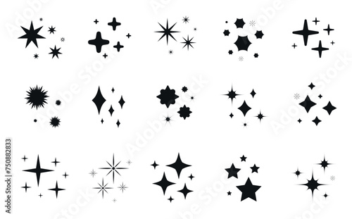 Sparkle star icons set. Stars and magic lights sparkles black silhouette set. Magic shine effect  starburst collection