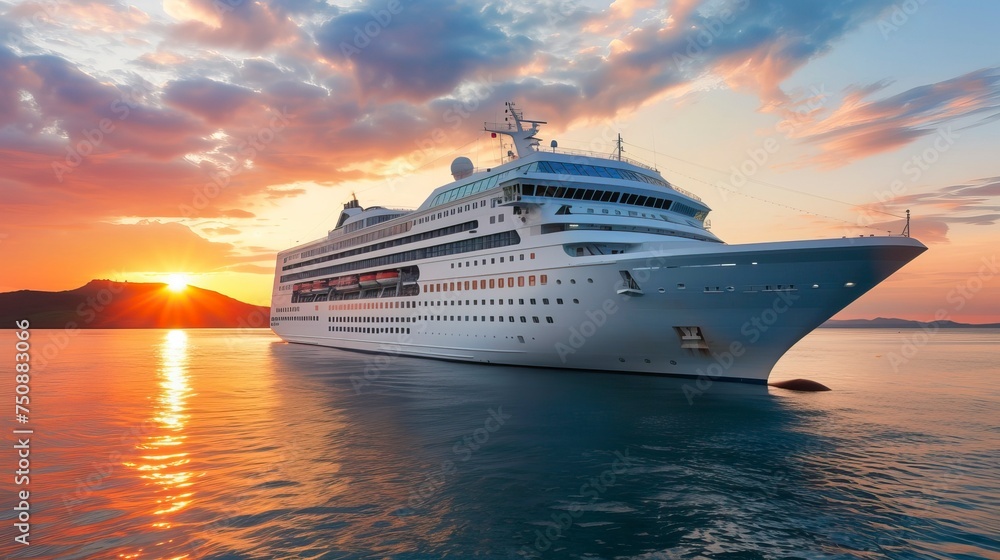 Luxury cruise ship sailing to sea on sunrise Luxury cruise ship sailing to sea on sunrise
