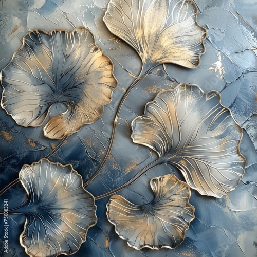 A painting featuring intricate gold and silver flowers set against a vibrant blue background, showcasing a contrast of colors and delicate floral details.