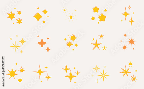 Yellow sparkles star symbols. Hand draw stars and magic lights sparkles set. Magic shine effect, starburst collection