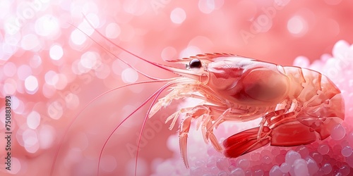 Close-up of a single shrimp with a translucent, pastel pink bokeh background enhancing its delicate textures and colors