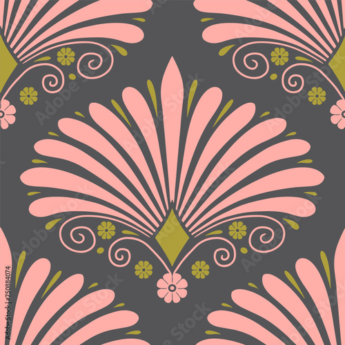 Seamless pattern with pink anthemion floral motifs on a dark gray background. Classic abstract repeat wallpaper.