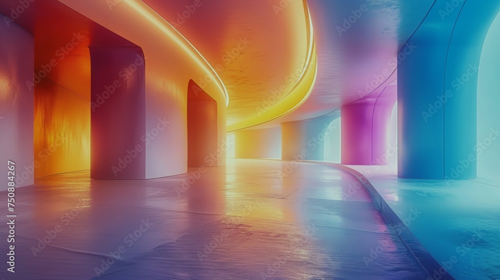 Futuristic curvilinear architecture bathed in pink and orange light creates a vibrant space Futuristic curvilinear architecture bathed in pink and orange light creates a vibrant space