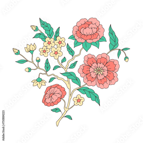 Colorful floral chinoiserie motifs isolated on white background. Abstract hand drawn botanical print.