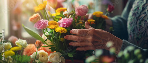 Senior hands presenting a vibrant collection of assorted flowers © VibrantVisionsStudio