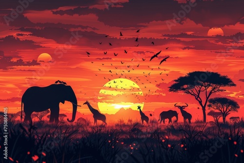 Stunning silhouette of African wildlife including an elephant and giraffes against a vivid orange sunset with flying birds