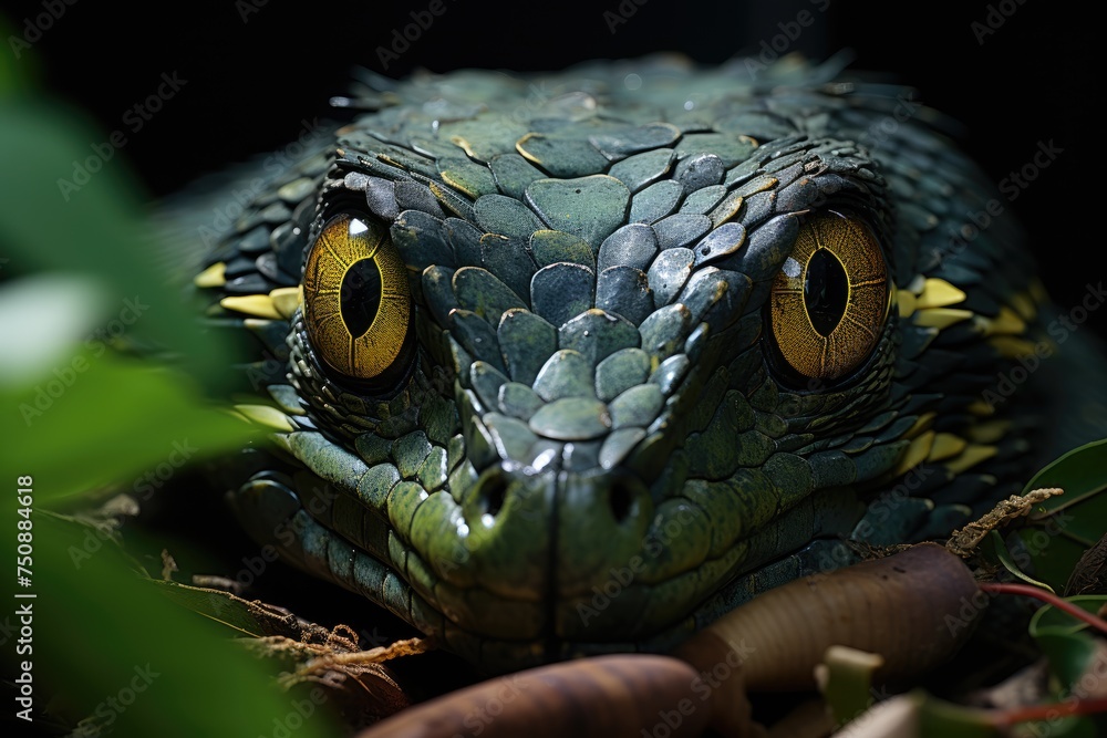 Fototapeta premium Camouflaged viper ready to attack in the jungle., generative IA