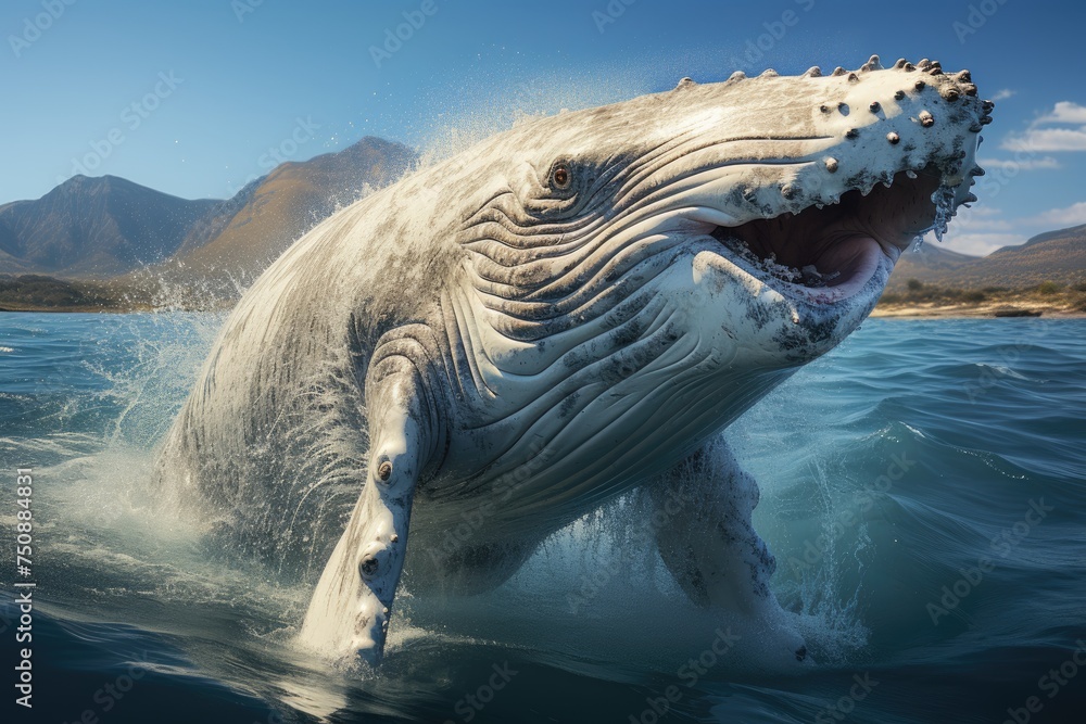 Obraz premium Majestic whale-whale displays its tail in crystal clear waters., generative IA