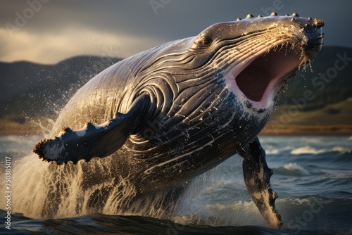 Whale-Jubarte emerging with powerful breath., generative IA © JONATAS
