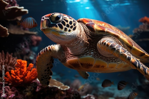 Marine turtle exploring deep corals., generative IA