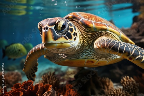 Marine turtle exploring deep corals., generative IA