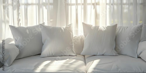 Serene couch adorned with pristine white cushions in bright natural light