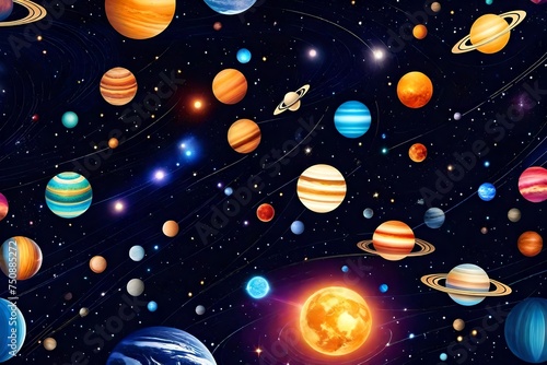 seamless pattern with planets, Enter a mesmerizing realm of wonder with a background design featuring countless planets suspended in the vastness of space © SANA