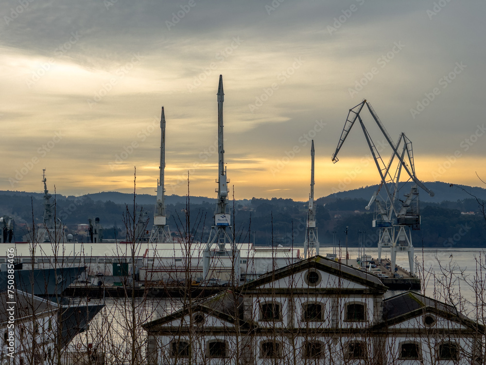 Industrial Silhouettes: Shipyard Cranes at Dusk