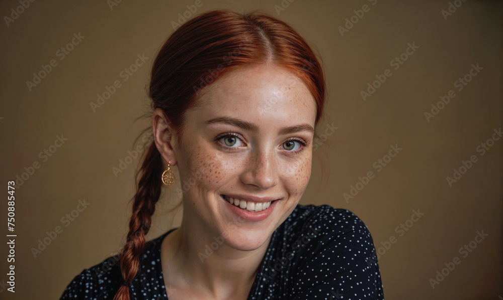 A portrait of a freckled redhead with pigtails, smile, and gray eyes. Natural makeup, gold earrings. Beige-gray background, soft light. Beauty, grace. For cover or magazine. Generative AI A portrait of a freckled redhead with pigtails, smile, and gray eyes. Natural makeup, gold earrings. Beige-gray background, soft light. Beauty, grace. For cover or magazine. Generative AI