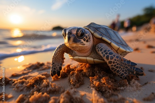 Baby turtle following mother on the beach at sunset., generative IA