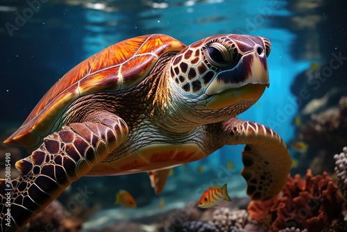 Marine turtle gracefully swimming in crystal clear waters., generative IA