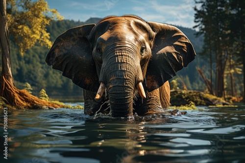 Majestic elephant refreshes in a sunny river., generative IA © JONATAS