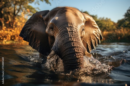 Majestic elephant refreshes in a sunny river., generative IA © JONATAS