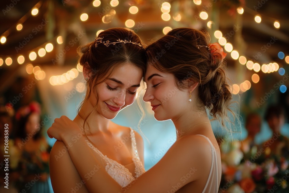 Tender moment between brides on wedding day Tender moment between brides on wedding day