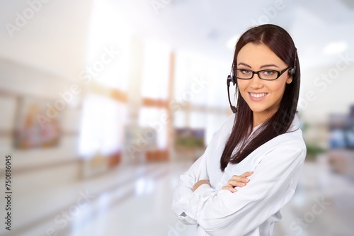 woman, call center worker in modern office