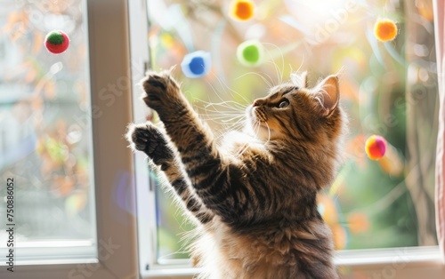 A playful tabby cat reaches for colorful floating pom poms in warm sunlight by a window.