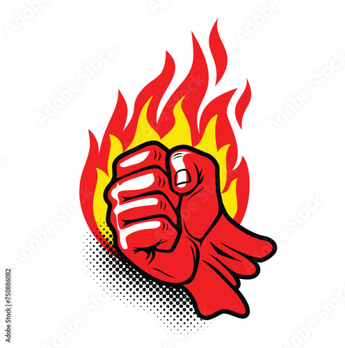 Flaming red fiery fist. Clenched fist in burning fire. Vector on transparent backgriund