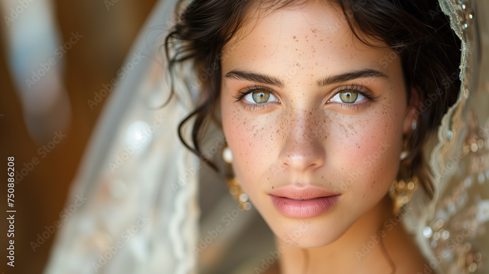 Close-Up Portrait of Bride with Green Eyes and Freckles on Wedding Day