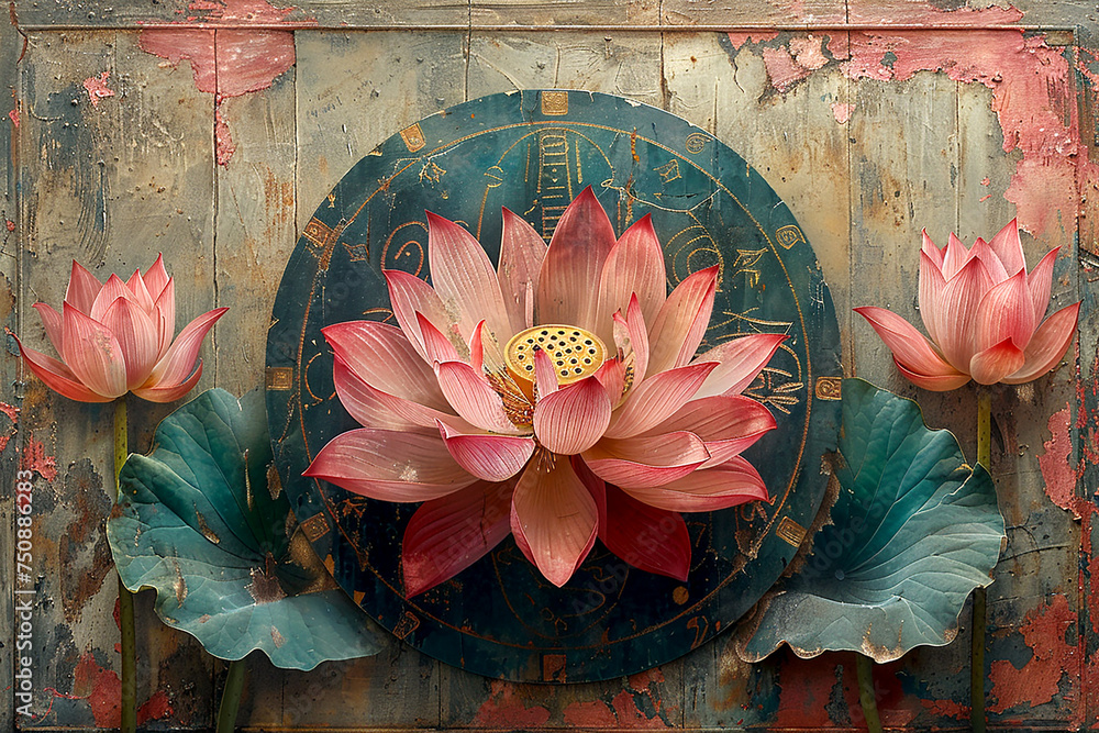 The Wheel of Dharma with lotus flowers is a symbol of the Vesak holiday ...