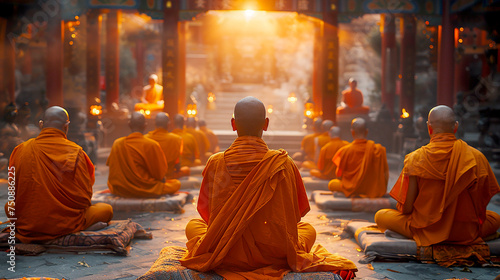 Buddhist monks in prayer in front of a Buddhist temple as a symbol of the Vesak holiday in honor of the birth, enlightenment and death of Buddha