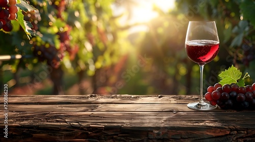 Wine Tasting Concept Empty Wooden Table Top Glass of Wine Vineyard Background Stock Photography