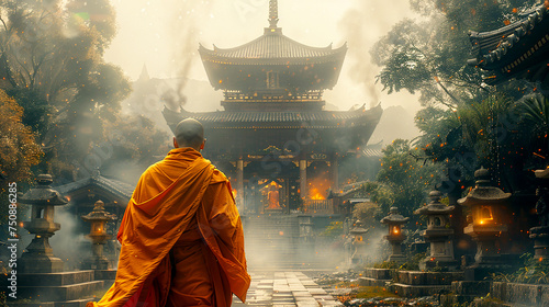 A Buddhist monk goes to the temple for the Vesak holiday in honor of the birth, enlightenment and death of Buddha