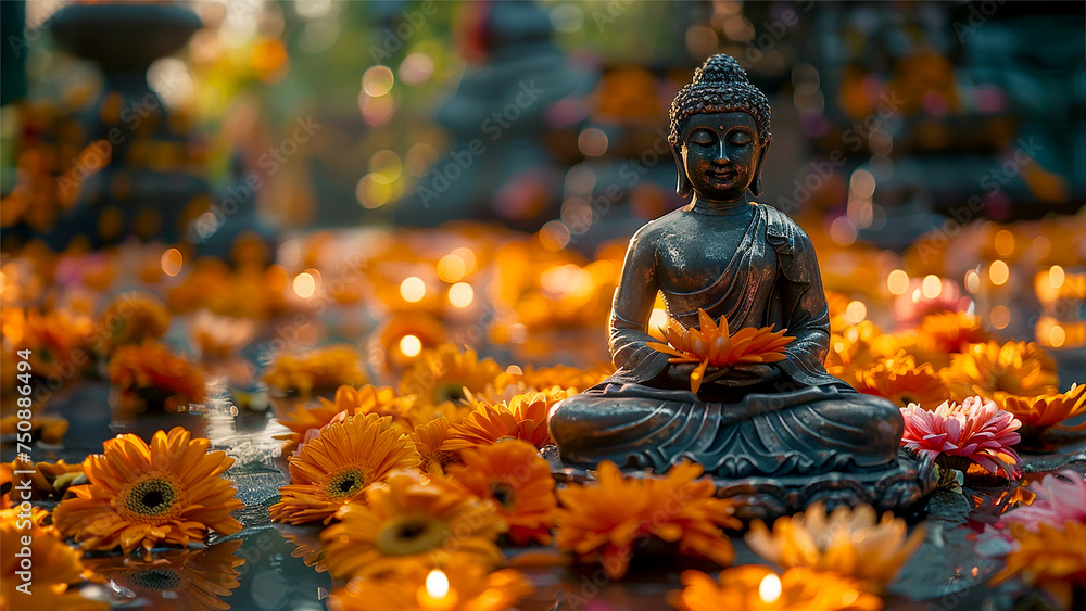 Buddha statue decorated with flowers in a Buddhist temple on Vesak holiday in honor of the birth, enlightenment and death of Buddha. Copy space - obrazy, fototapety, plakaty 