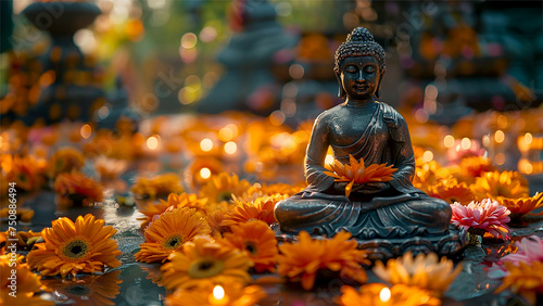 Buddha statue decorated with flowers in a Buddhist temple on Vesak holiday in honor of the birth, enlightenment and death of Buddha. Copy space