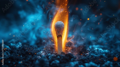 A burning match with a bright flame on an abstract background and bokeh of sparks. Concept: Fire danger, Idea and inspiration, fire safety. Banner with copy space