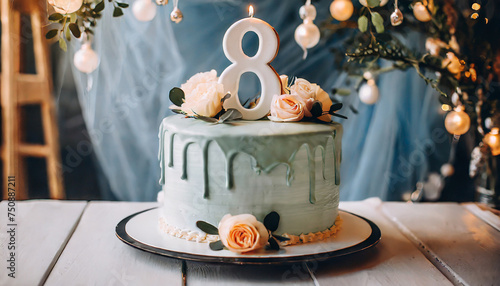 Birthday cream cake with flowers and berries eight-year-old child, 8 years anniversary celebration