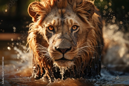 Majestic lion bathing  wet juba  shimmering river.  generative IA