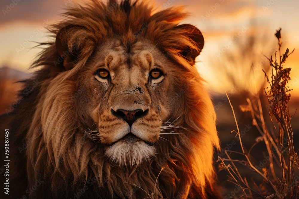 Majestic lion in the sunset silhouette., generative IA