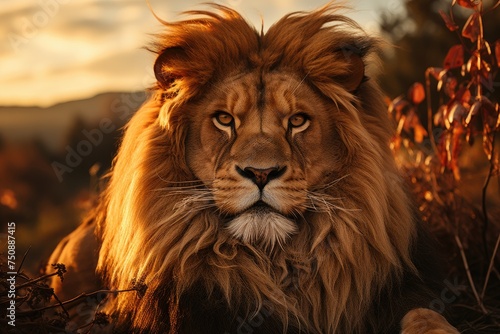 Majestic lion in the sunset silhouette.  generative IA