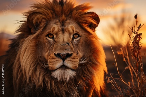 Majestic lion in the sunset silhouette., generative IA © JONATAS