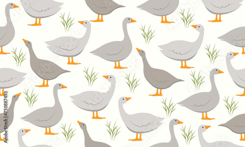 Seamless pattern with cute grey goose and grass. Vector illustration